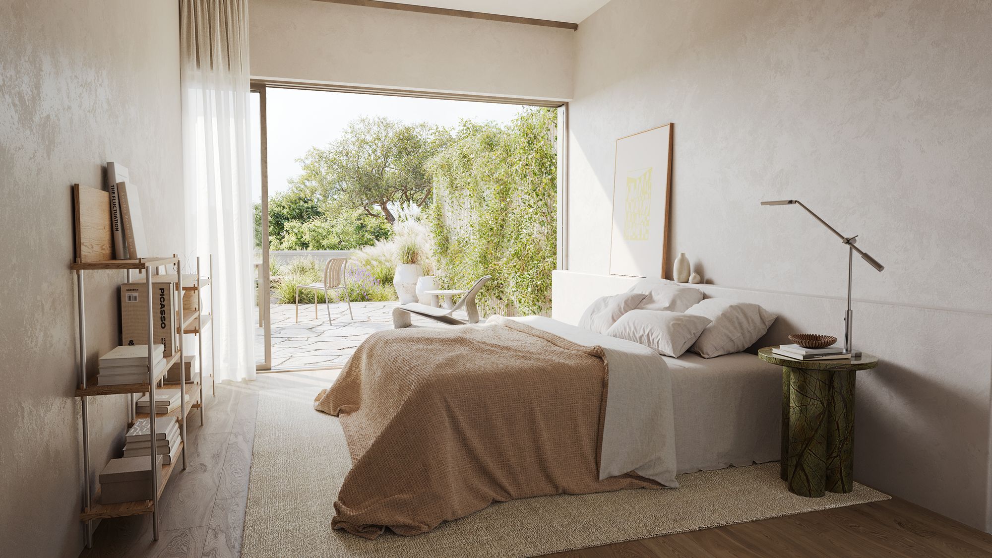 Bedroom of Casa Horizonte with a bed in linen, a marble side table and sliding glass open onto the garden