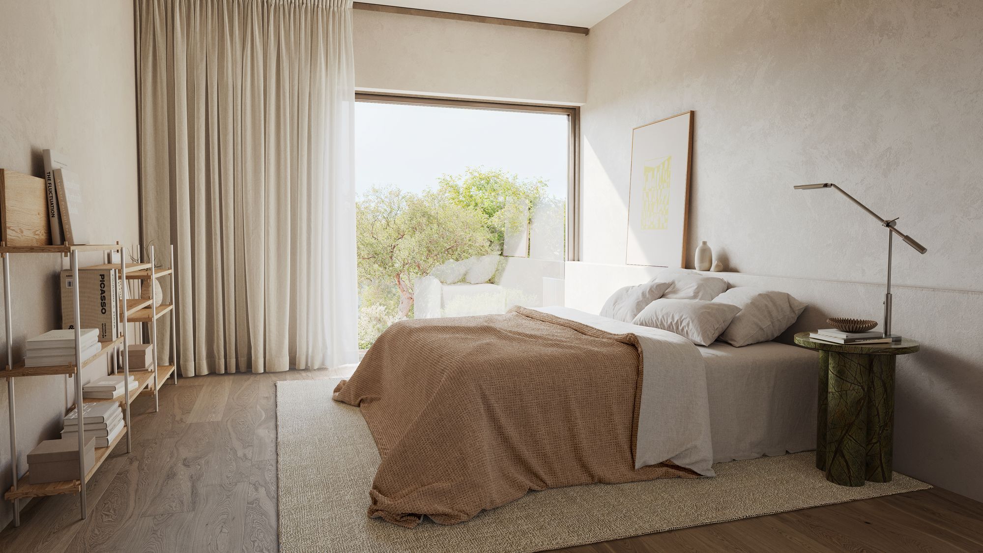 Bedroom of Casa Miradouro with a large square window onto the treetops, a bed in linen and a marble side table