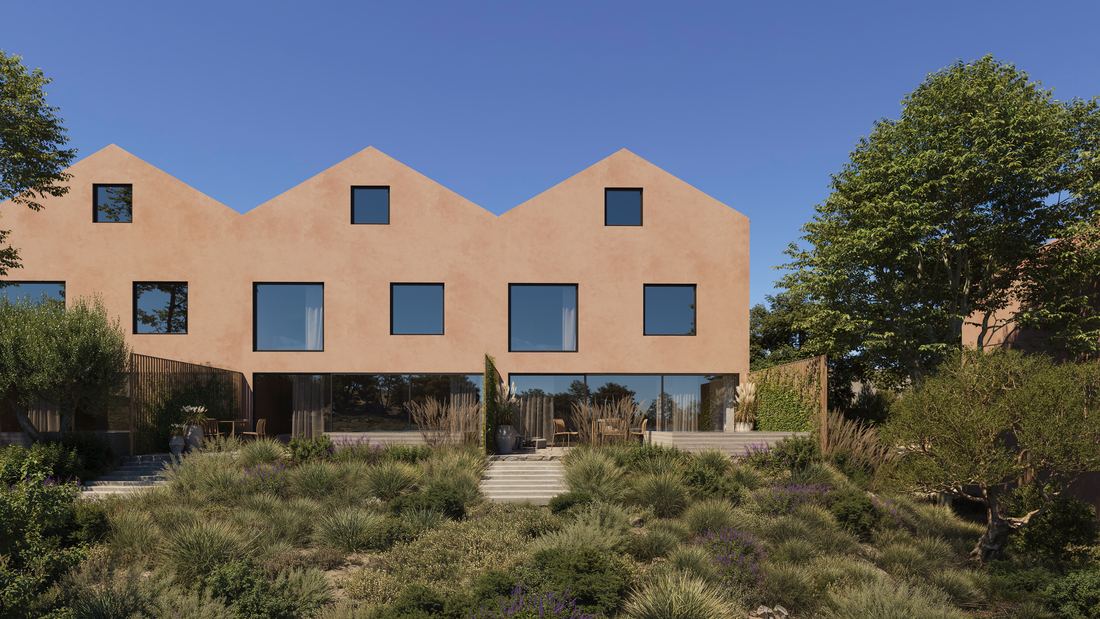 Casa Miradouro from the garden: a three-level house with a pitched roof, large square windows on the first floor and a glass wall on the ground floor